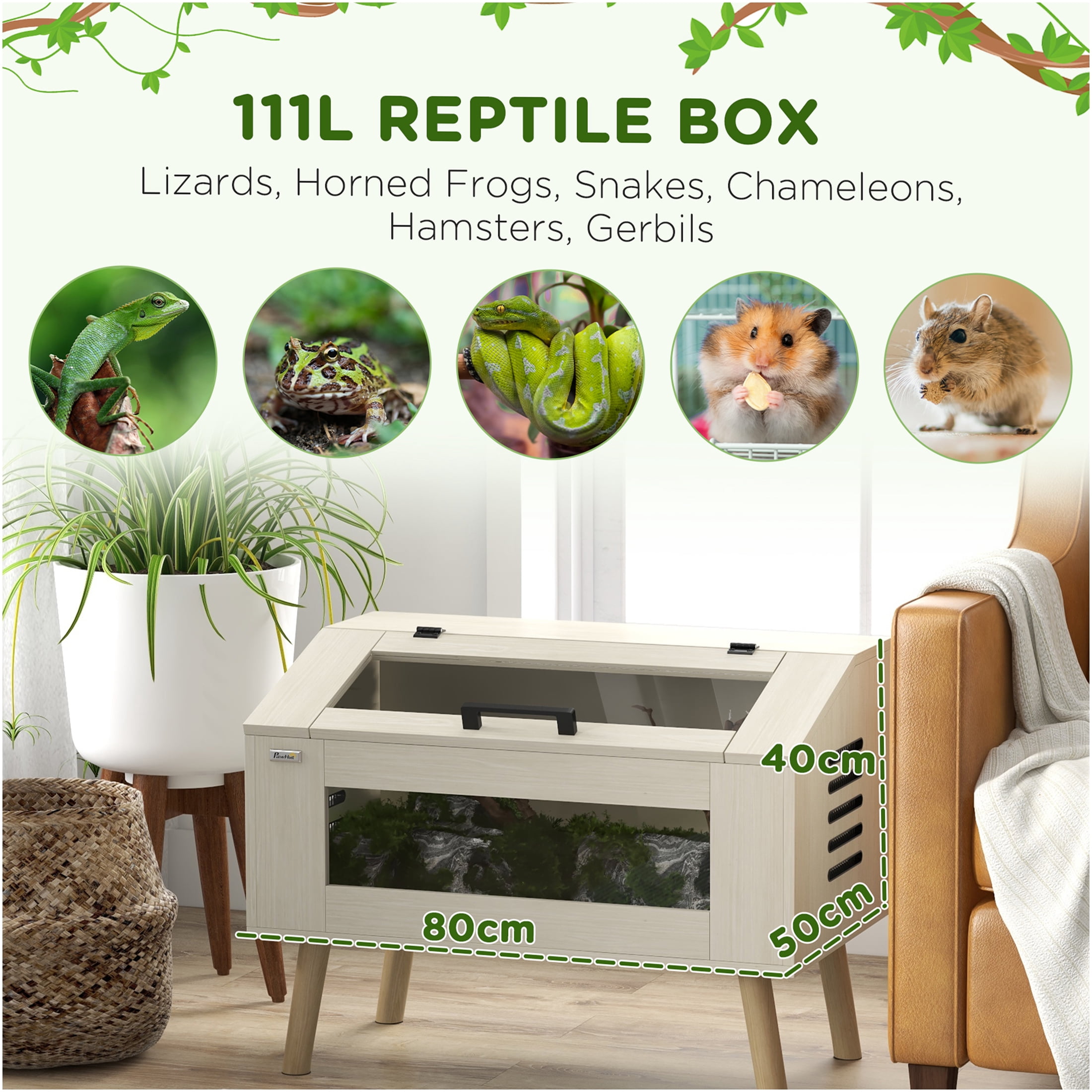 JERFIT 29 Gallon Oak Wood Reptile Tank Terrarium with Glass Viewing Windows & Ventilation, Top Opening Habitat for Snakes, Lizards, Frogs, Chameleons