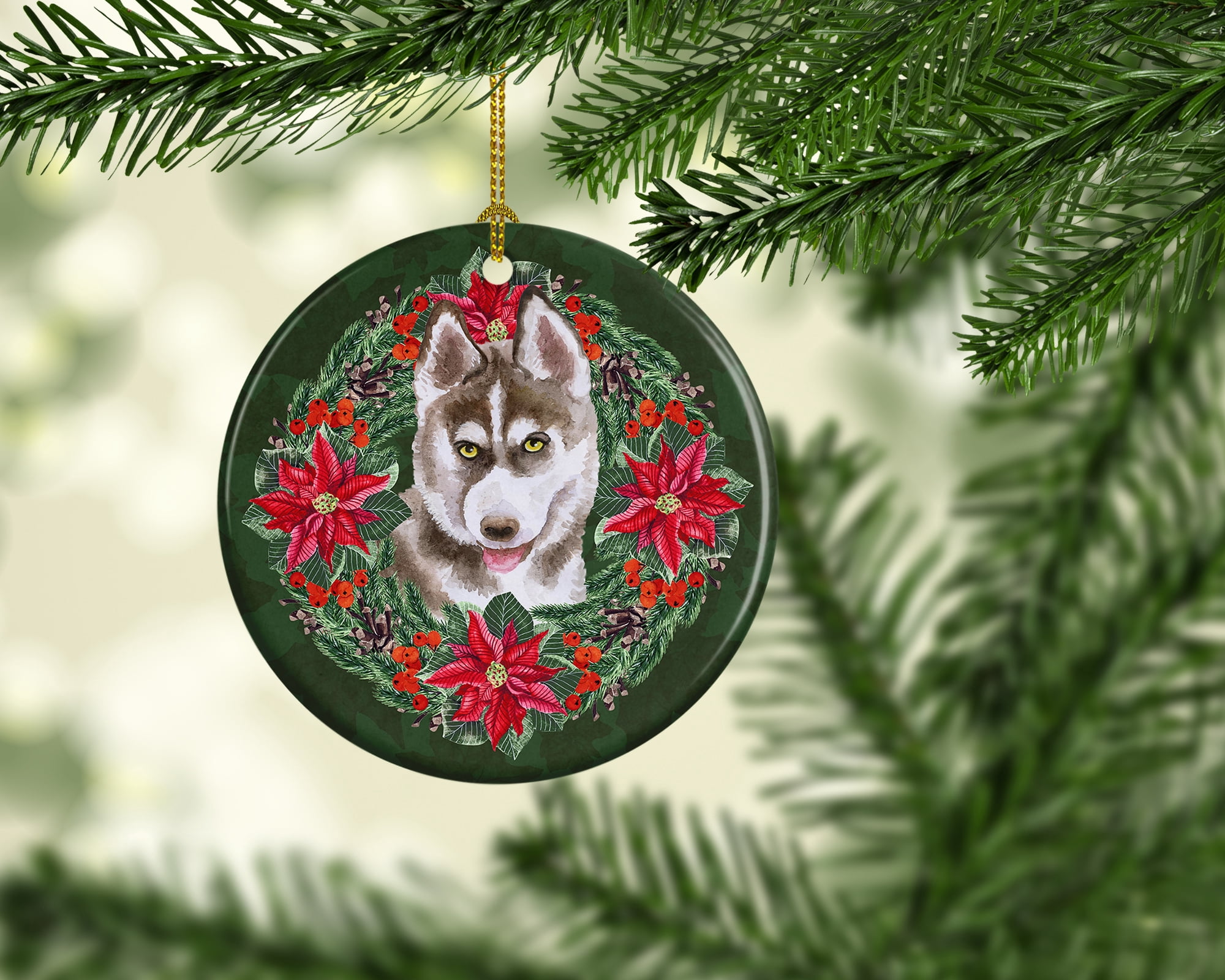 Siberian Husky Grey Poinsetta Wreath Ceramic Ornament 2.8 in x 2.8 in