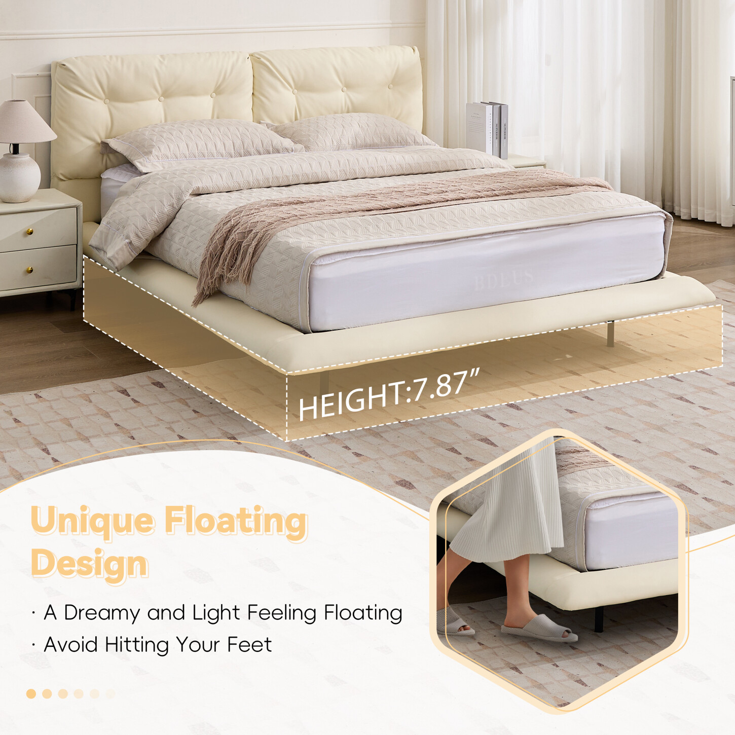 Queen Size Floating Bed Frame with LED Lights, Upholstered Platform Bed with Button Tufted Headboard, No Box Spring Needed, Easy Assembly, White
