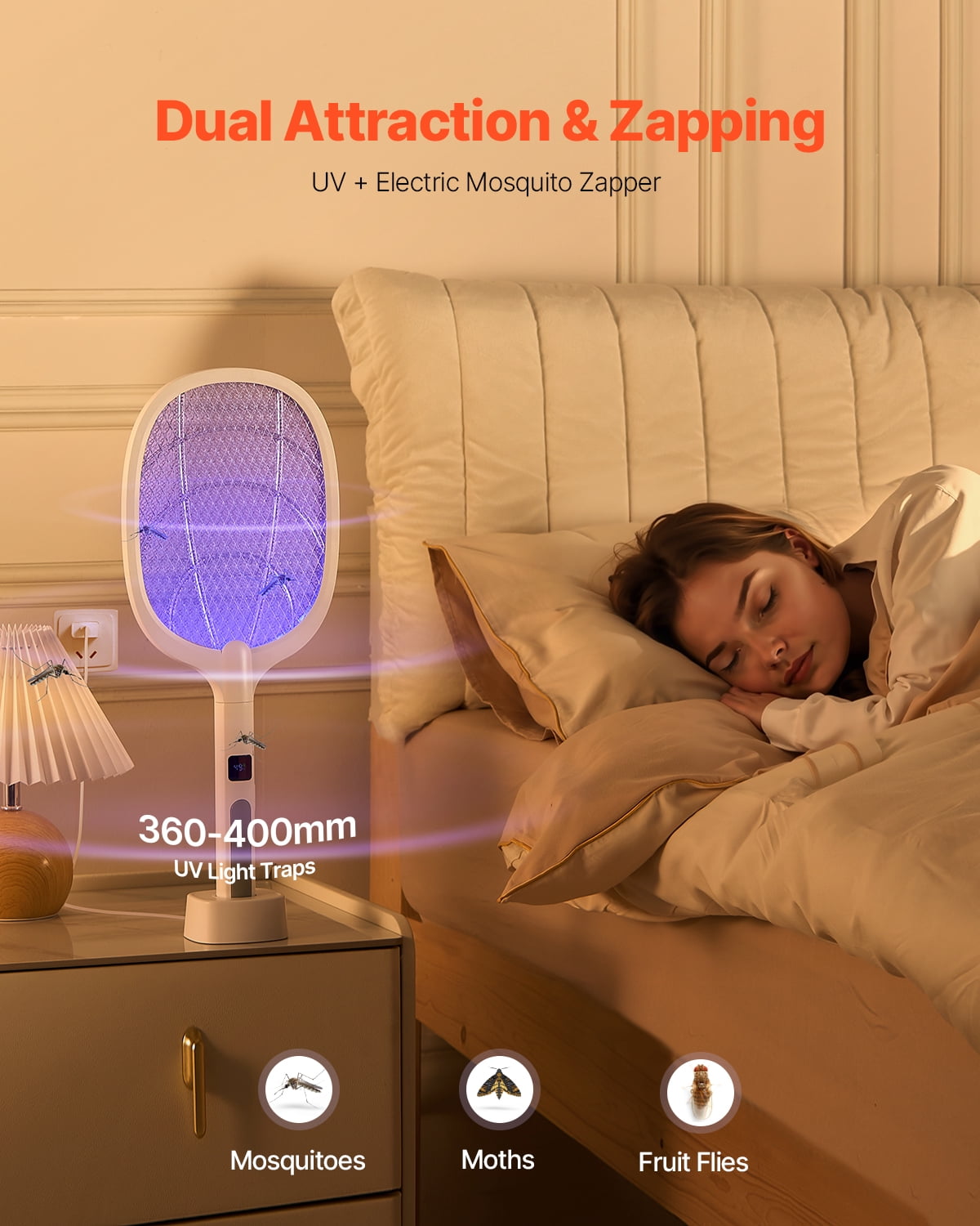 VEVOR Electric Fly Swatter, Zapper Racket with 3 Layers Mesh & Digital Screen Display, Dual Modes Fly Killer with 1500mAh Battery Rechargeable for Home, Bedroom, Kitchen and Patio, White