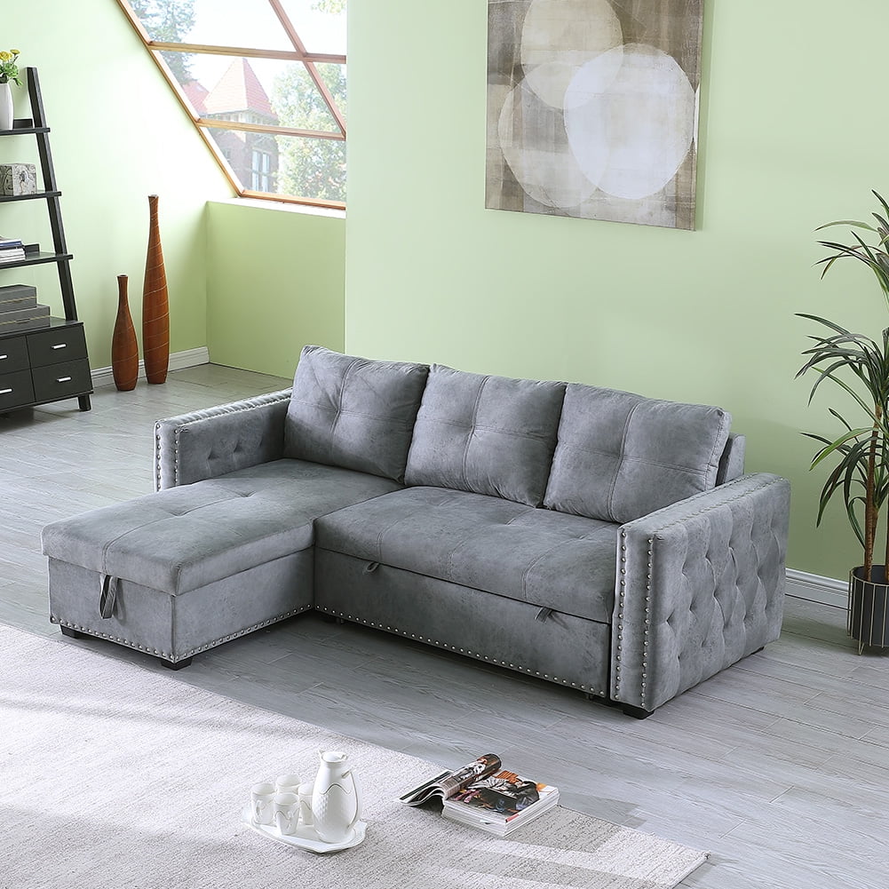 Kepooman Modern L-Shaped Sectional Storage Sofa Bed, Nailheaded for Small Space, Living Room, Gray Kepooman Modern L-Shaped Sectional Storage Sofa Bed, Nailheaded for Small Space, Living Room, Gray