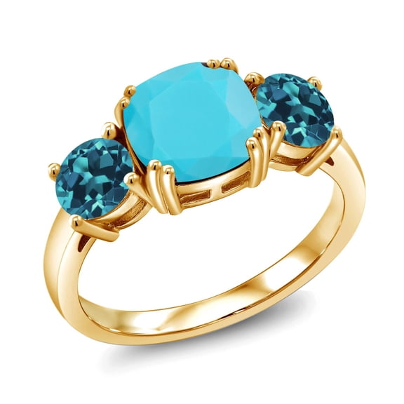 Gem Stone King 18K Yellow Gold Plated Silver Green Turquoise and London Blue Topaz 3 Stone Engagement Ring for Women (3.40 Cttw, Gemstone, Cushion 8MM, Size 6)