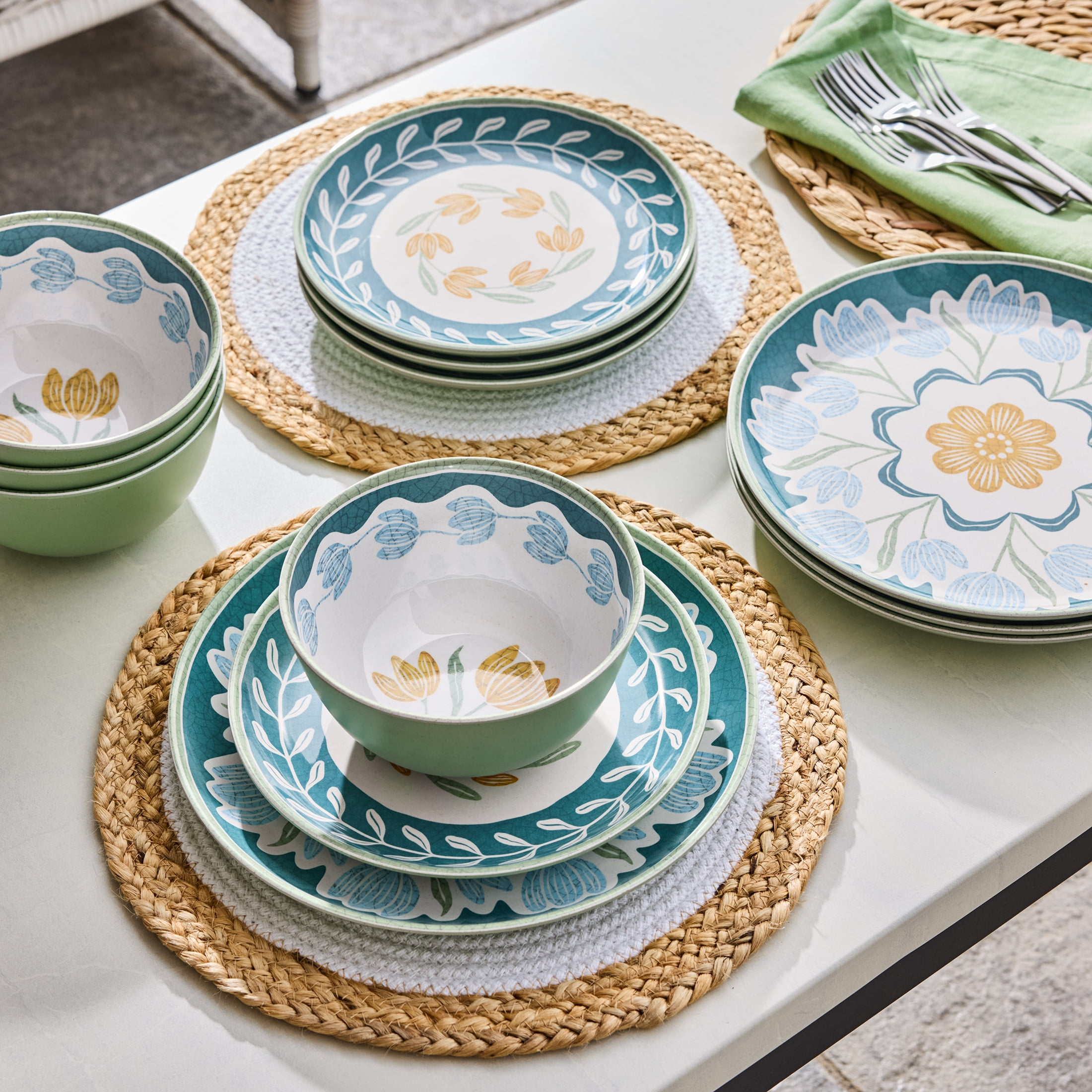 Better Homes & Gardens 12 Piece Bamboo Melamine Green Floral Dinnerware Set