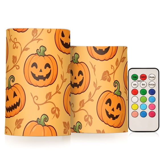 Halloween Pumpkin Flameless Candles Flickering with Remote and Timer Battery Operated LED Pillar Candle Set of 2