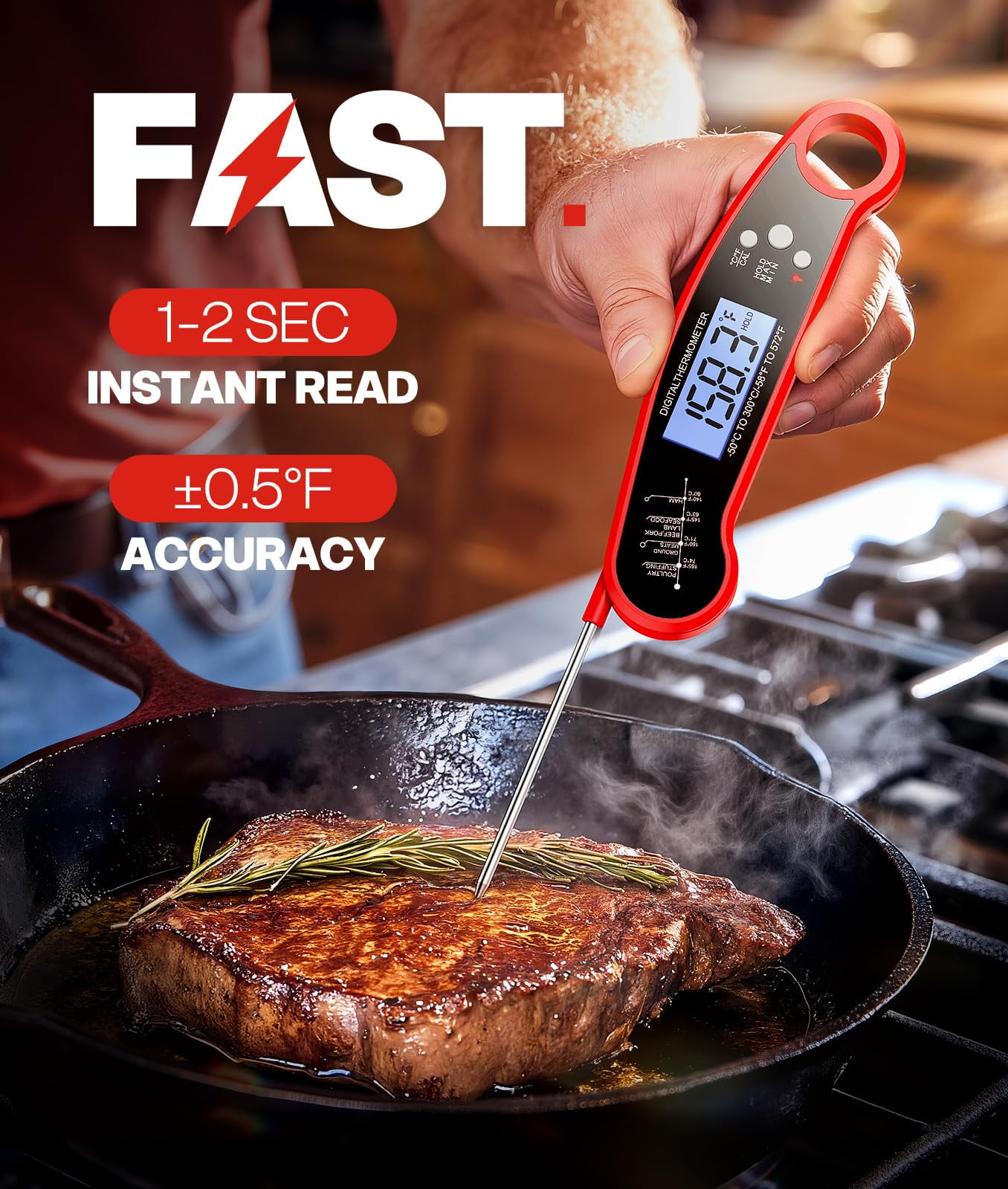 CAURHQSX Meat Thermometer Digital - Instant Read Food Thermometer for Cooking Grilling, Candy, Air Fryer, Griddle Probe Kitchen Gadgets Essentials BBQ Accessories, Gifts for Him, Red