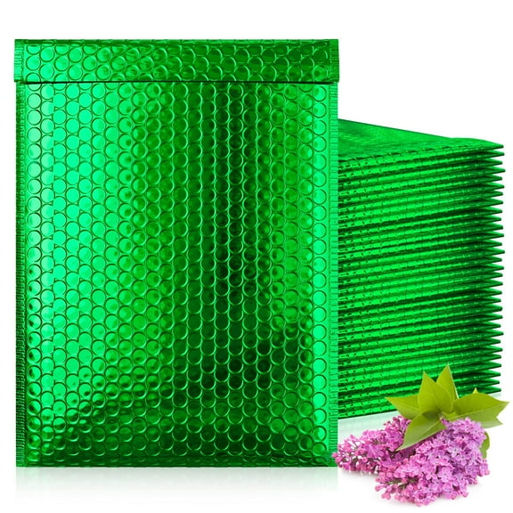 Green Metallic Bubble Mailers, Cushion Adhesive Strip, 250 Count, 7.5 x 11 in