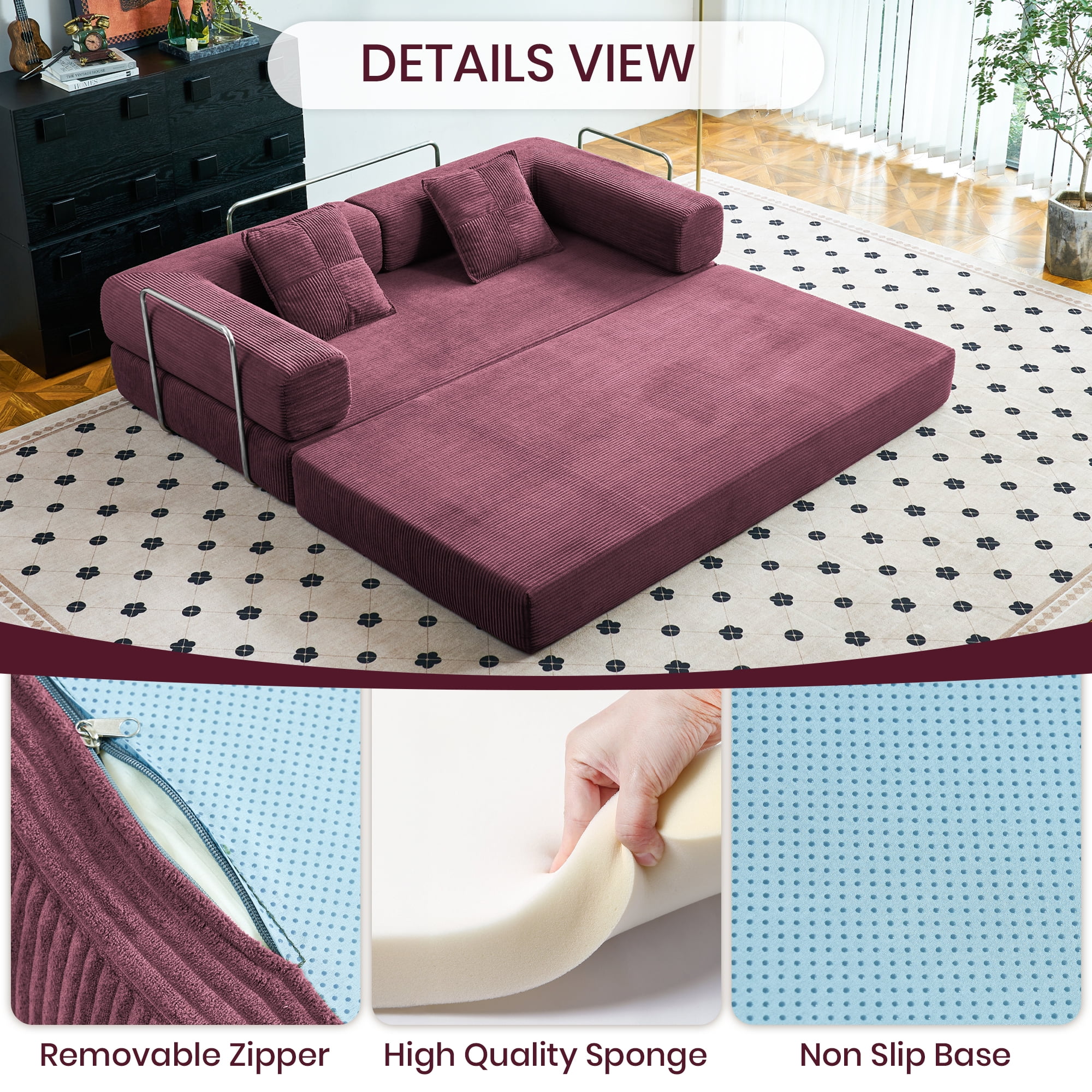 YINIX 81.6"  Convertible Sleeper Sofa Bed with 2 Pillows, Removable Floor Sofa Couch for Living Room Small Spaces, Red