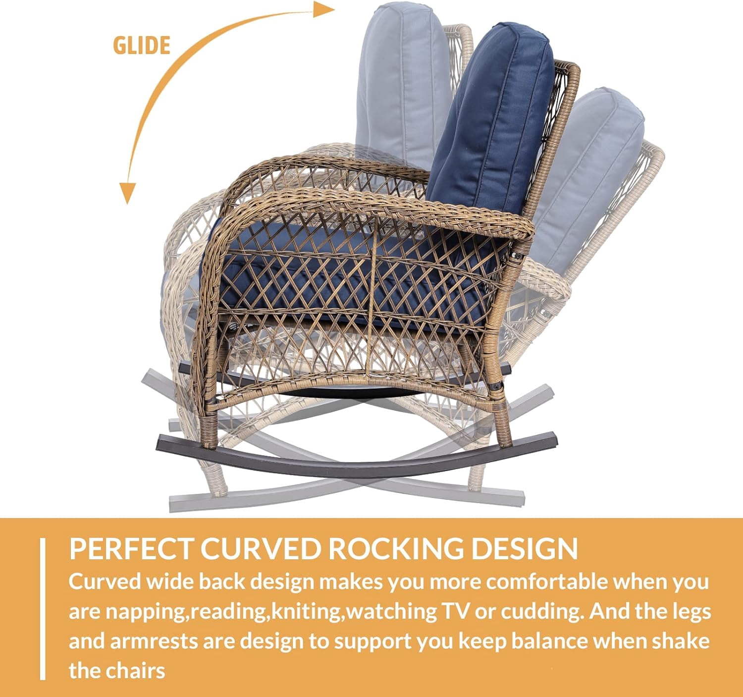 W WARMHOL Outdoor Wicker Rocking Chair with Thickened Cushions, All-Weather Rattan Patio Rocking Chairs, Rocker Wicker Chair for Porch Garden & Backyard, Beige