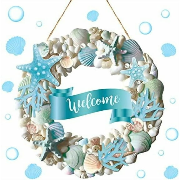 Summer Welcome Wooden Coastal Beach Wreath Cabinet Decor Coastal Wreath for Front Door Starfish and Seashells for Porch Outdoor