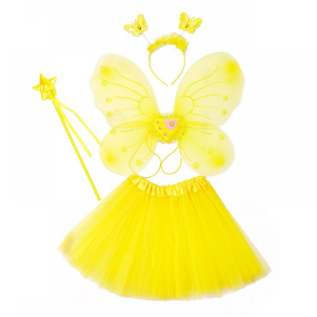 Disfraz de alas de hadas para niños, disfraz de princesa de hadas, conjunto de alas de mariposa de hadas, falda corta para niñas, varita de alas, color amarillo sólido Sincero Hogar
