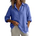 thumbnail image 2 of Linen Button Down Shirt Women Long Sleeve Linen Blend Tops Linen Shirts for Women Casual Ladies Gauze Tops Womens Gauze Tops Breathable Natural Flax Summer Vacation Linen Top,Blue,L, 2 of 9