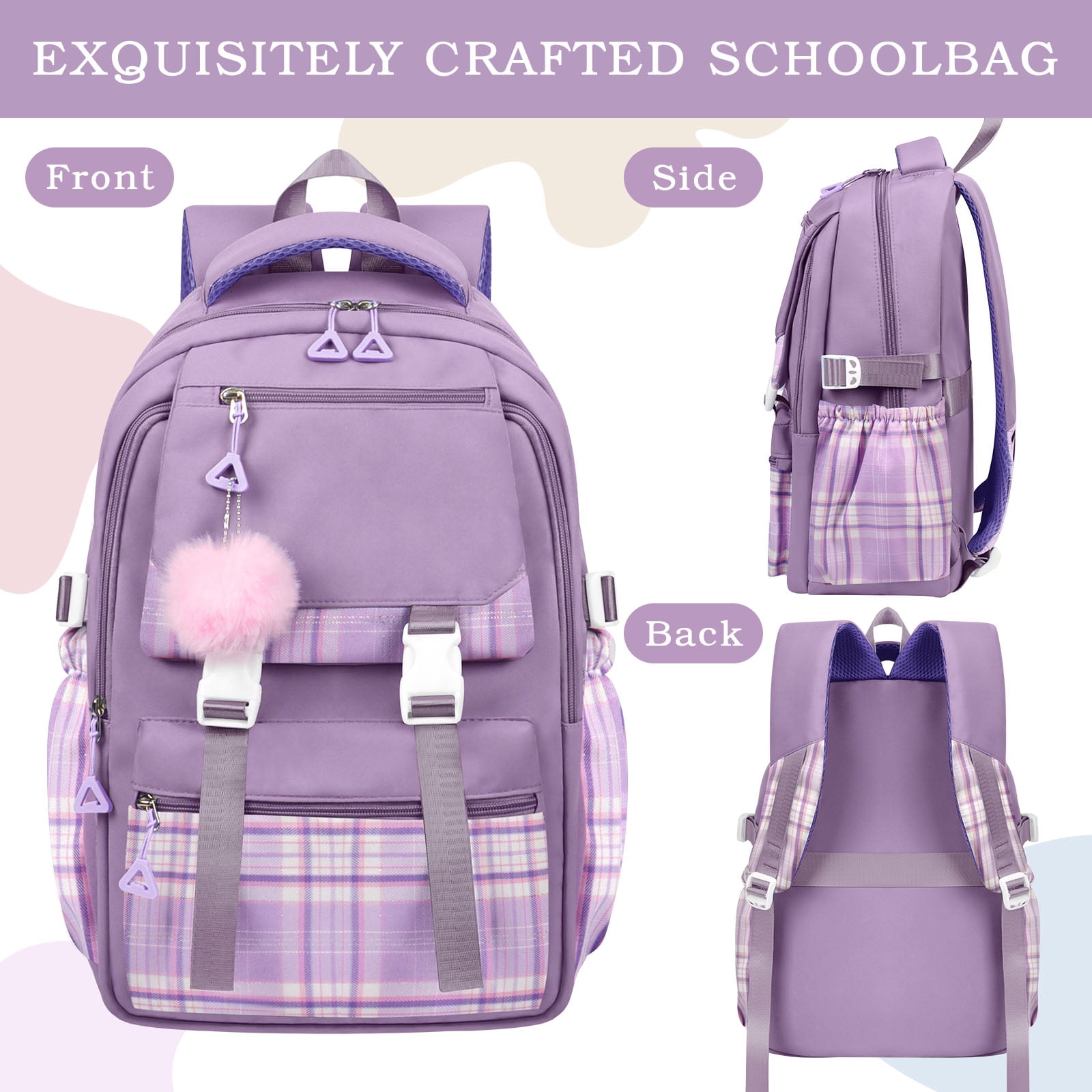 DAKIMOE Purple School Backpack for School, Travel, Work, Large Capacity Waterproof Bookbag with 7 Compartments and Luggage Belt