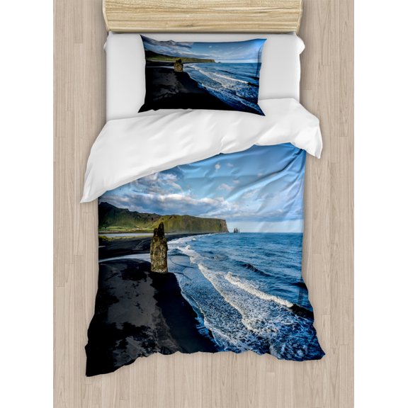 Iceland Duvet Cover Set Twin Size, Kirkjufjara Beach with a View of the Atlantic Ocean on the Background, Decorative 2 Piece Bedding Set with 1 Pillow Sham, Multicolor, by Ambesonne