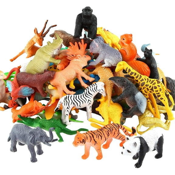 Yanonmyfd 53 Piece Mini Jungle Farm Animals Toys Set, Forest Small Realistic Wild Animals Action Figures Vinyl Plastic Animal Learning