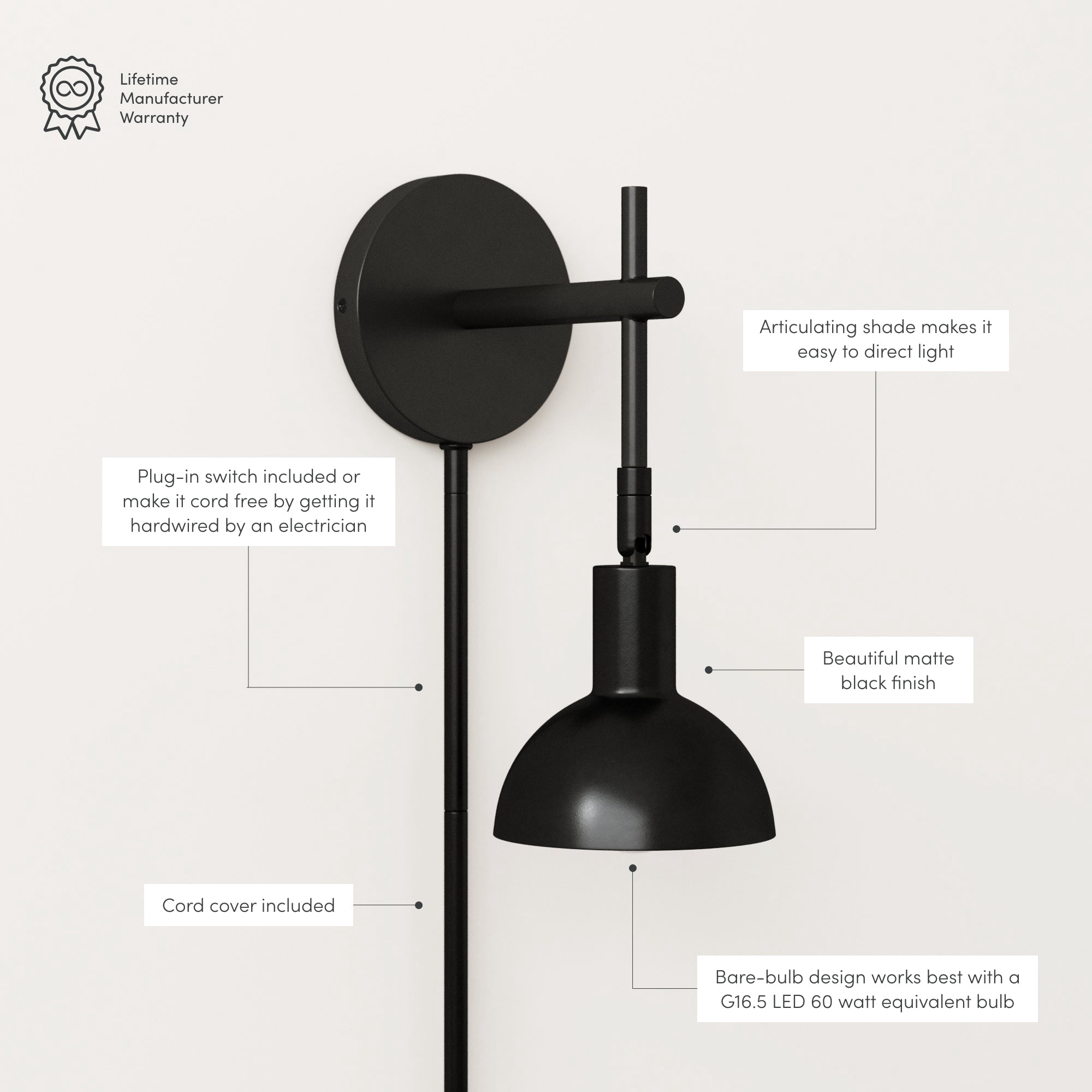 Nathan James Tamlin Wall Mounted Sconce 1-Light Fixture with Plugin and On/Off Switch for Living Room, Reading Nook or Bedroom, Matte Black
