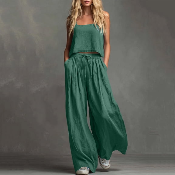 Xdegoge 2 Piece Flowy Outfit for Women Sleeveless Cami Top and Wide Leg Pants Set Casual Summer Beach Vacation Matching Suit