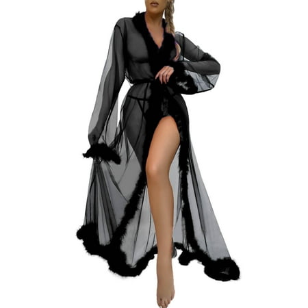 Womens Lingerie Fashion Tulle Robe Long Nightgown Bathrobe Sleepwear Feather Bridal Robe Lace Womens Underwear