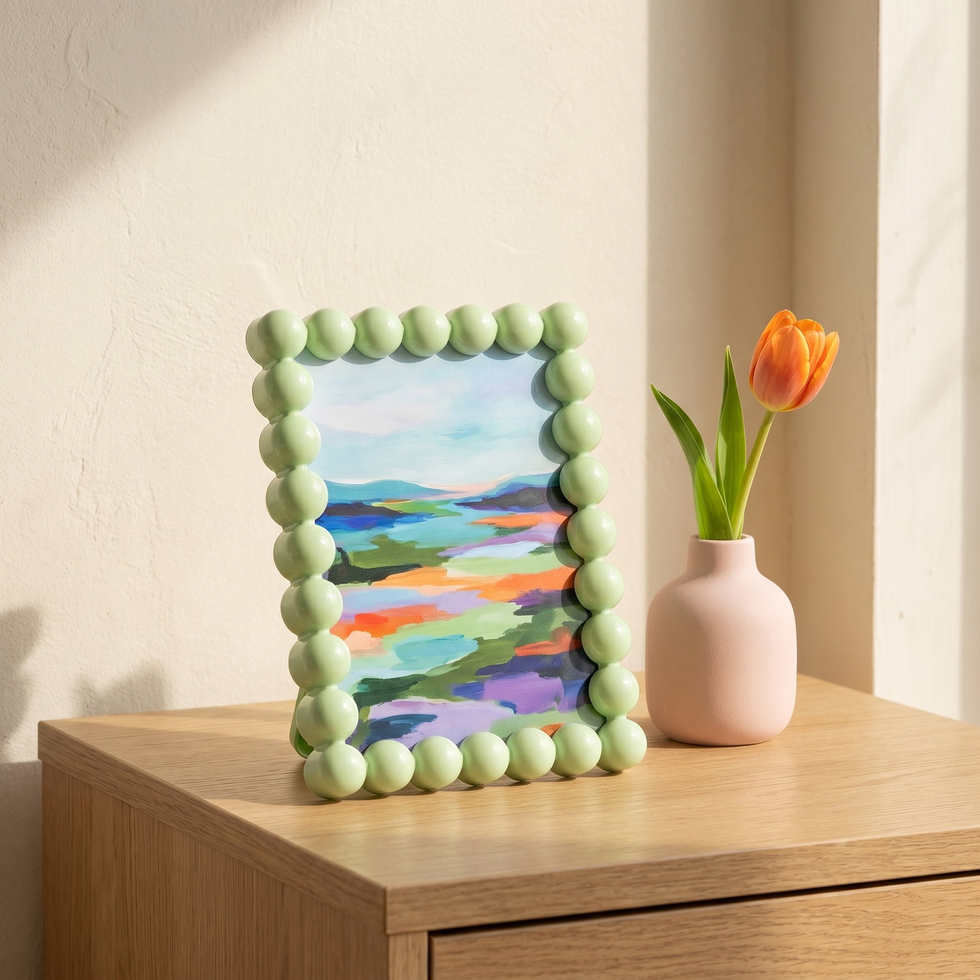 Unique Bargains Beaded Resin Picture Frame with Glass Elegant Pearl Border Green 4" x 6"