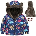 thumbnail image 2 of Odeerbi Toddler Boys Girls Winter Fleece Lined Jacket Toddler Baby Cute Flower Print Jacket 2025 Casual Plush Thick Keep Warm Hooded Coat Dark Blue 12-18 Months, 2 of 9