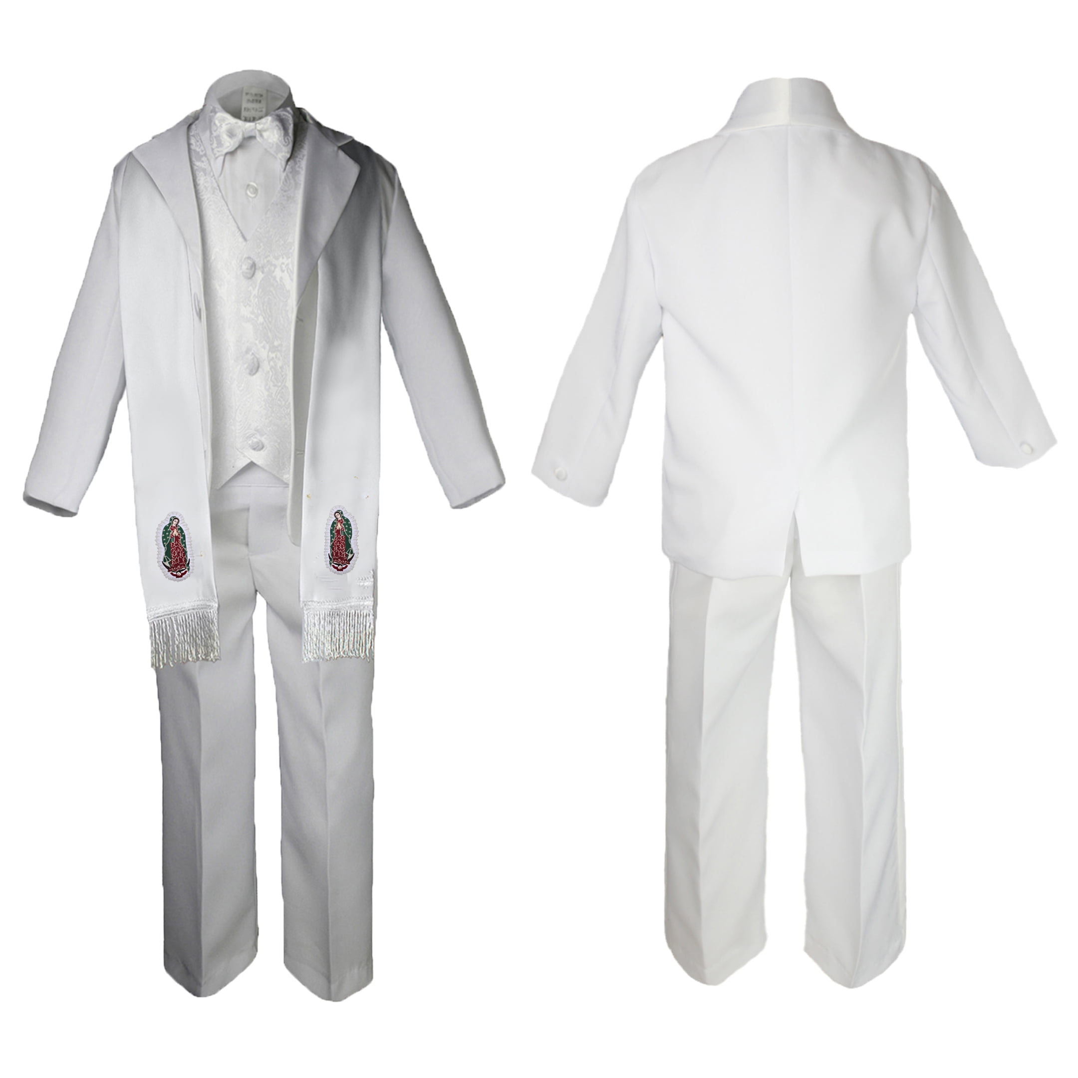 New Born Baby Boy Teen Christening Baptism Formal White Paisley Suit Silver Gold Maria Guadalupe on Stole SM-20
