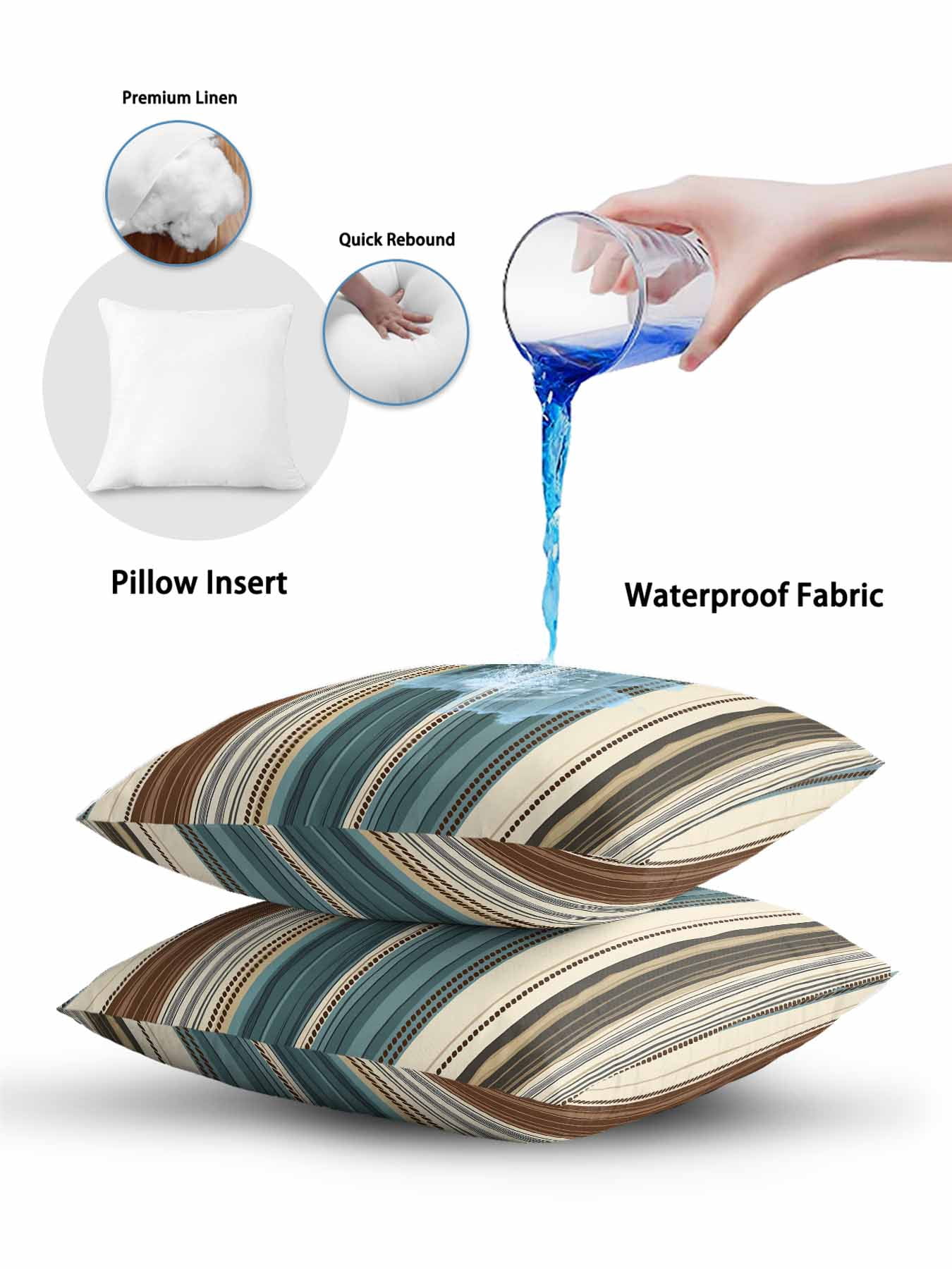 Waterproof Outdoor Throw Pillows with Inserts 16"x16", Teal Boho Stripes Soft Decorative Pillowcases for Couch Bedroom, Modern Bohemia Brown Beige Texture Pillow Covers for Sofa Living Room