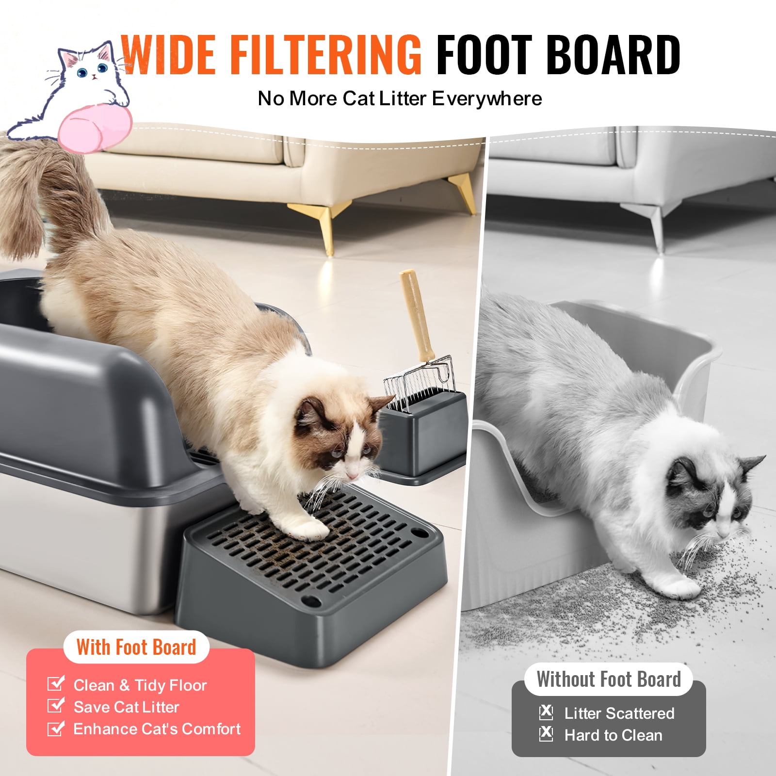 KFFKFF Extra Large Stainless Steel Cat Litter Box, 6-Inch Deep Design with Scoop, High Sides & Wide Filtering Foot Board, Enclosed and Easy to Clean, Ideal for Large Cats