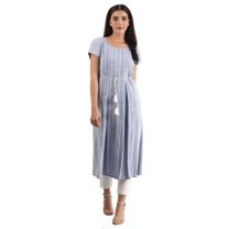 Round Neck Striped Liva Kurta - Blue-X Large