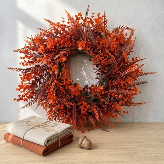 Artificial Fall Wreath 16 Inch with Orange Leaves and Fern Design, Halloween and Thanksgiving Door Decor for Home and Window, Rustic Harvest Wreath