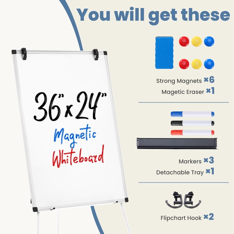 Gianna 36 x 24 Inches Magnetic White Board Dry Erase, Porbable Boards Height Adjustable, Dry Erase Board with Stand for School, Office and Home, Silver Aluminium Frame, White