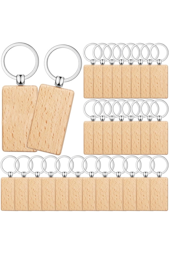 30 pcs Wooden Keychain Blanks Wood Key Chains Bulk Laser Engraving Rectangle Keychain Blanks Unfinished Wooden Key Ring Key Tag for DIY Gift Crafts