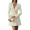 thumbnail image 2 of Women's Blazer Dress Suit Dress Long Sleeve Double Breasted V-Neck French Style Solid Color Dress for Office Spring Fall,Beige,M, 2 of 4