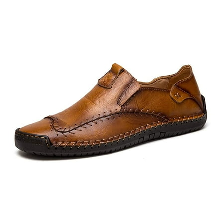 Men s Casual Leather Loafers Driving Walking Shoes Slip-on Formal Oxford Penny Classic Moccasins Hand Stitched Yellow (7.5-8.5 M US
