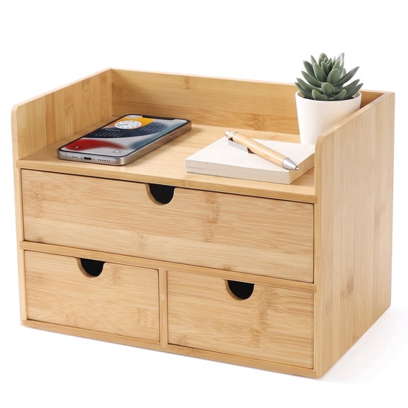 Bamboo Desk Organizer with 3 Drawers, Desktop Storage Organizer for Office Supplies, Makeup, Accessories, Countertop Organizer for Home and Office
