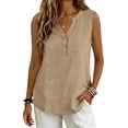 thumbnail image 5 of Womens Cotton Linen Button down Shirts Slim Fit Casual Summer Sleeveless Blouses Business Casual V Neck Plain Tank Tops by Awwp Khaki S, 5 of 6