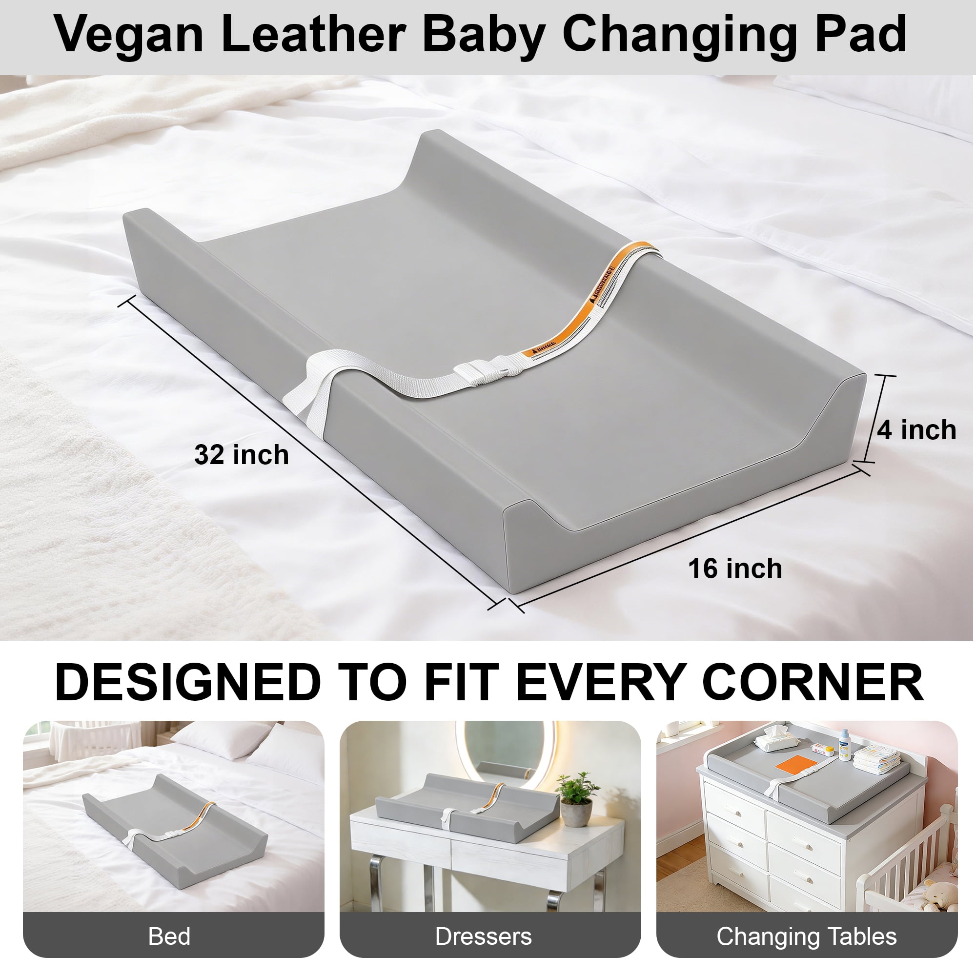 Baby Changing Pad, Qissep Vegan Leather Baby Changing Pad, Waterproof & Wipeable Soft Diaper Changing Pad for Dresser & Table, Grey, 32 x 16 x 4 inch