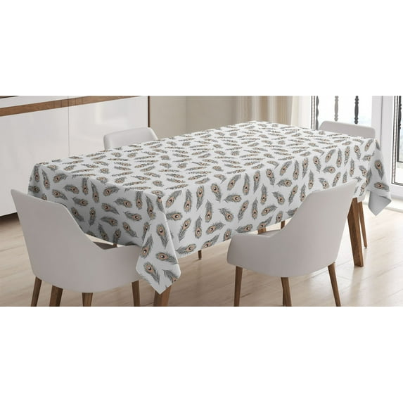 Feather Tablecloth, Peacock Feathers Scattered Randomly on a Plain Backdrop, Rectangle Satin Table Cover Accent for Dining Room and Kitchen, 60" X 90", Sand Brown Grey, by Ambesonne