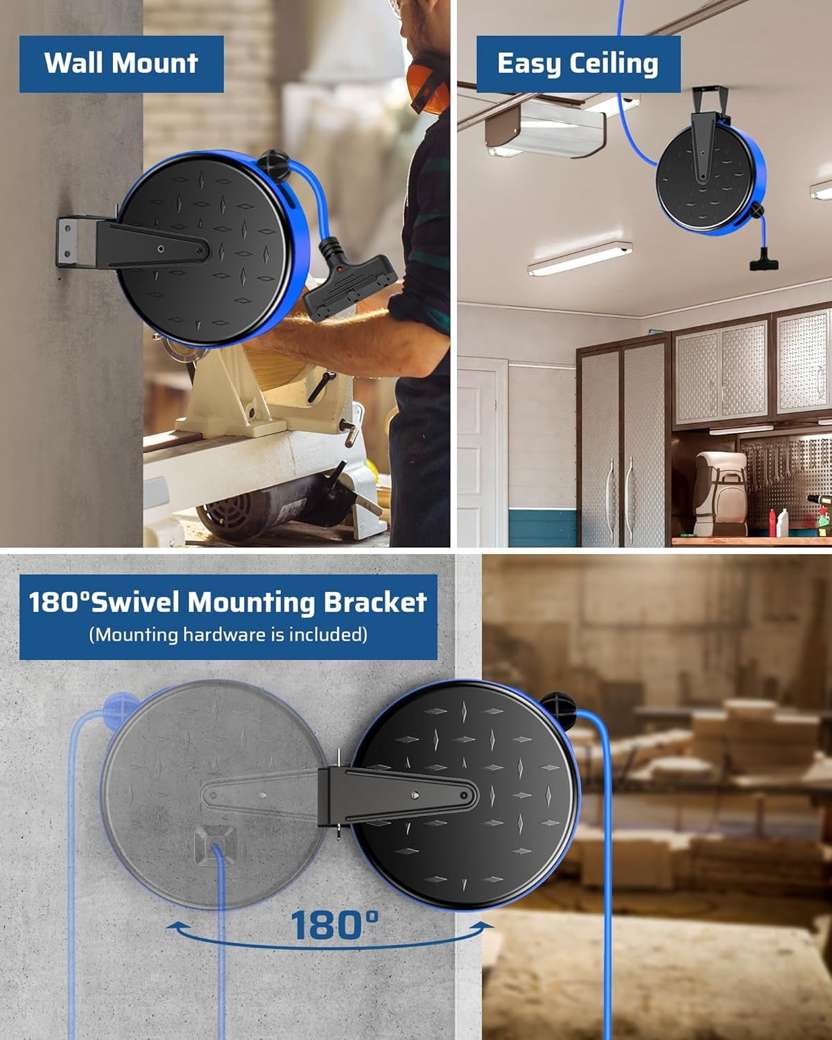 30FT Extension Cord Reel, 16/3 Gauge SJTW Power Cord, Retractable Cord Reel with 3 Outlets, Ceiling/Wall Mount for Garage, Workshop, 10A Circuit Breaker, Metal Plate, UL Listed, Blue