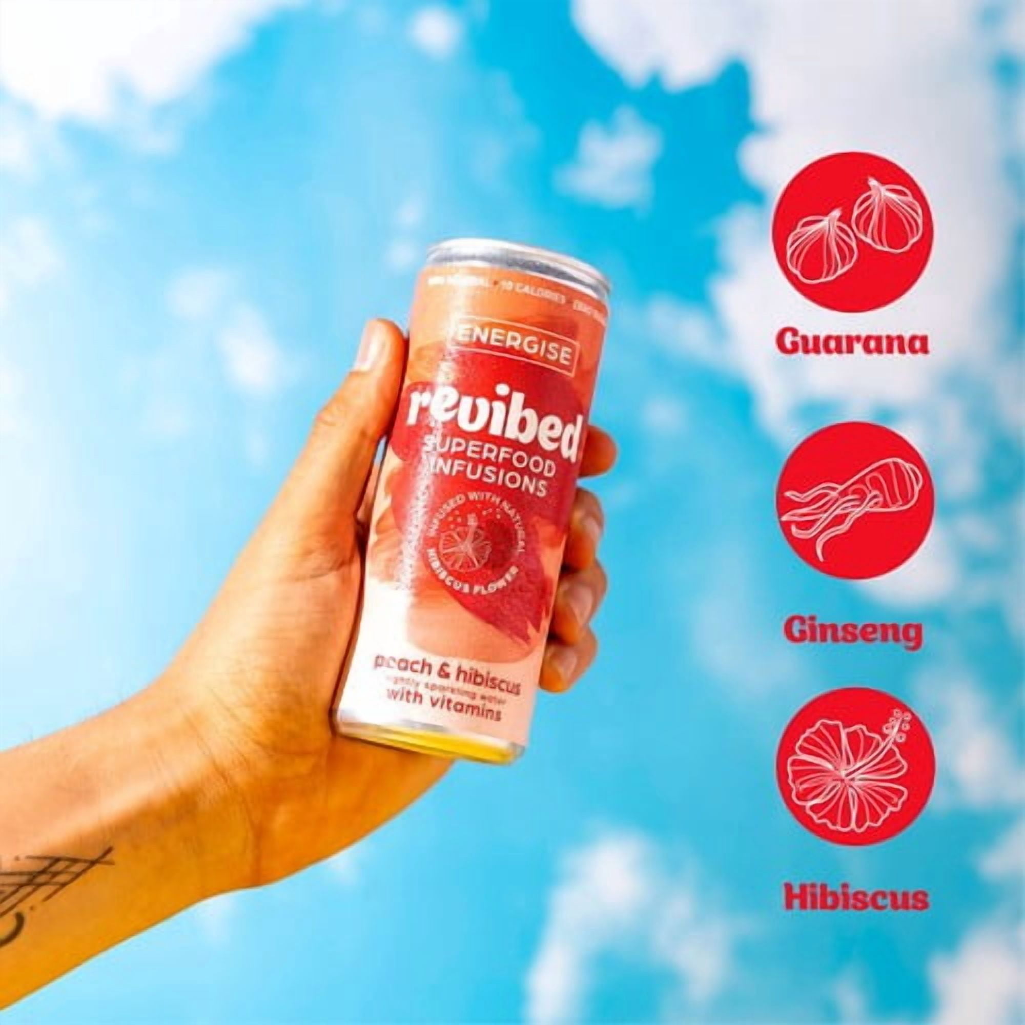 Revibed Energise Peach and Hibiscus Lightly Sparkling Water 250ml, British Import (Pack of 6)