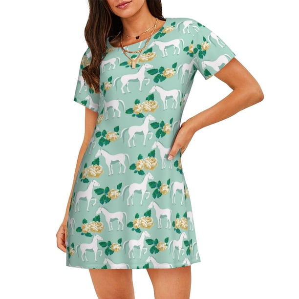 Easygdp Horse And Flower Camisón de manga corta para mujer, informal, estampado