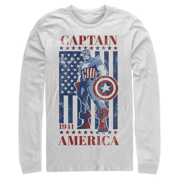 Men's Marvel Captain America Flag 1941 Long Sleeve Shirt White Large