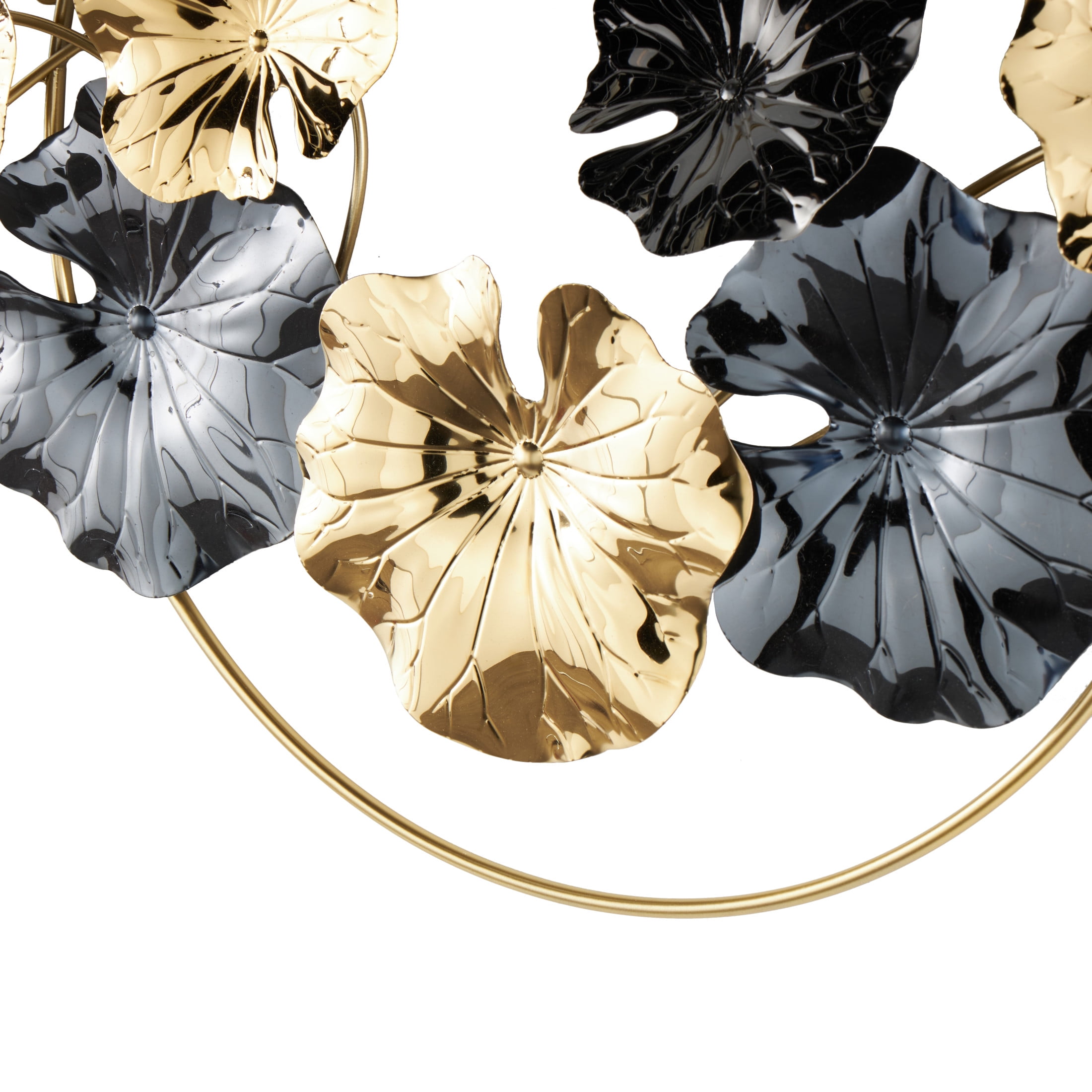 DecMode Gold Stainless Steel Metal Floral Wall Decor with Circular Frame and Black Accents