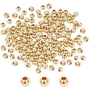 PH PandaHall 300pcs 4mm 14K Gold Plated Brass Beads Long-Lasting Round Smooth Spacer Beads Seamless Loose Ball Beads Gold Metal Beads for Summer Hawaii Stackable Necklace, Bracelet, Earring Making