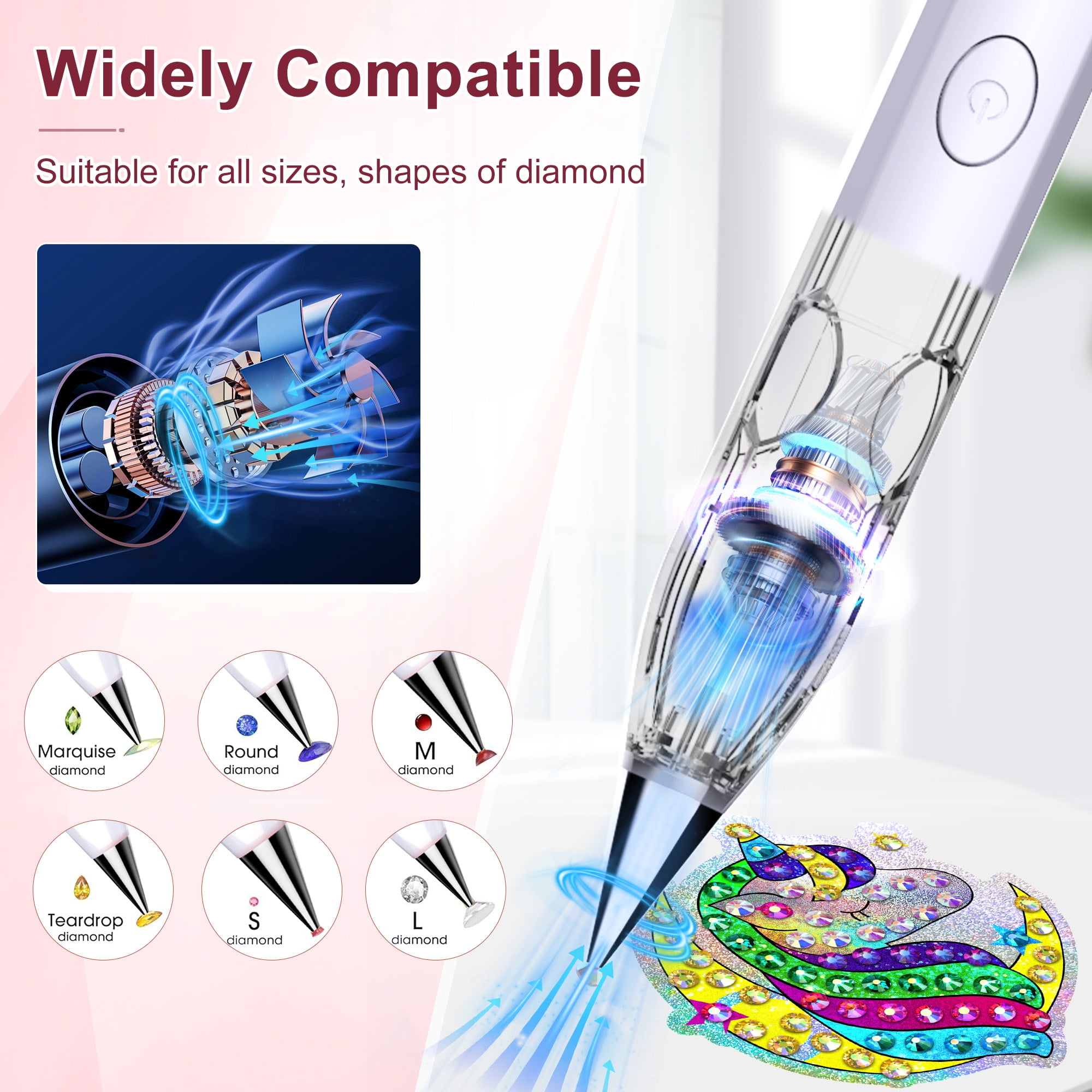 Diamond Painting Pen with Vacuum Pump, No Wax Needed, Lightweight Design, 3 Adjustable Suction Mode & Rechargeable, DIY Diamond Art Accessories and Tools(White)