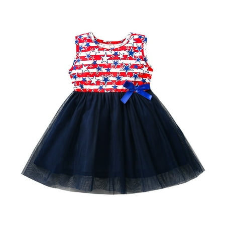 

IROINNID Toddler Girl s Outfits Summer Cute Festival Net Yarn Dress Sleeveless USA Flag Prints A-Line Dress