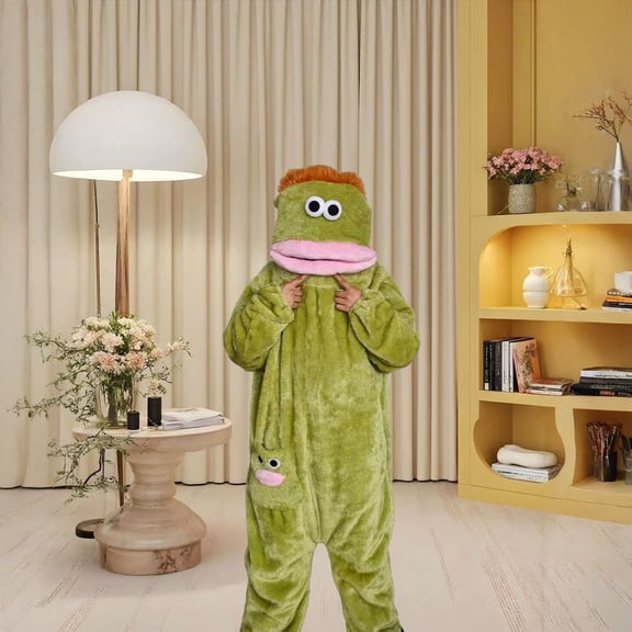 laqbezok Funny Cartoon Monster Onesie Pajamas for Adults - Silly Big Mouth Character Plush One Piece Loungewear, Cozy Fleece Jumpsuit for Halloween & Christmas (No Shoes or Combs)