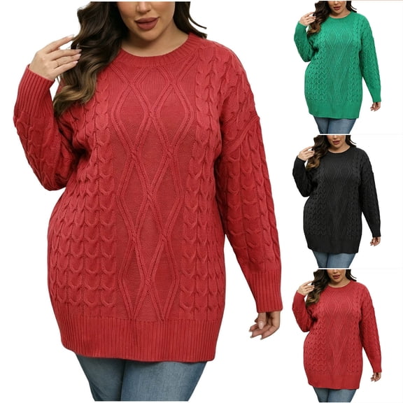 AGWOLF Cable Knit Sweaters for Women Plus Size Crewneck Pullover Tops Long Sleeve Chunky Jumpers Soft Cozy Warm Sweater XXXL