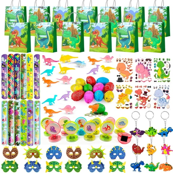 Dinosaur Party Favors for Kids, 96pcs All-in-One Dinosaur Birthday Party Favors Set - Dino Party Favor Bags Keychains Stampers Stickers Toys Clap Bracelets etc Dinosaur Birthday Party Supplies