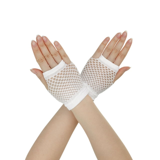INSPIRAR CHIC Guantes de Malla Sin Dedos para Mujeres, Accesorios de Disfraz de Fiesta Elegante de los Años 80, Guantes de Red Cortos - 1 Par Blanco