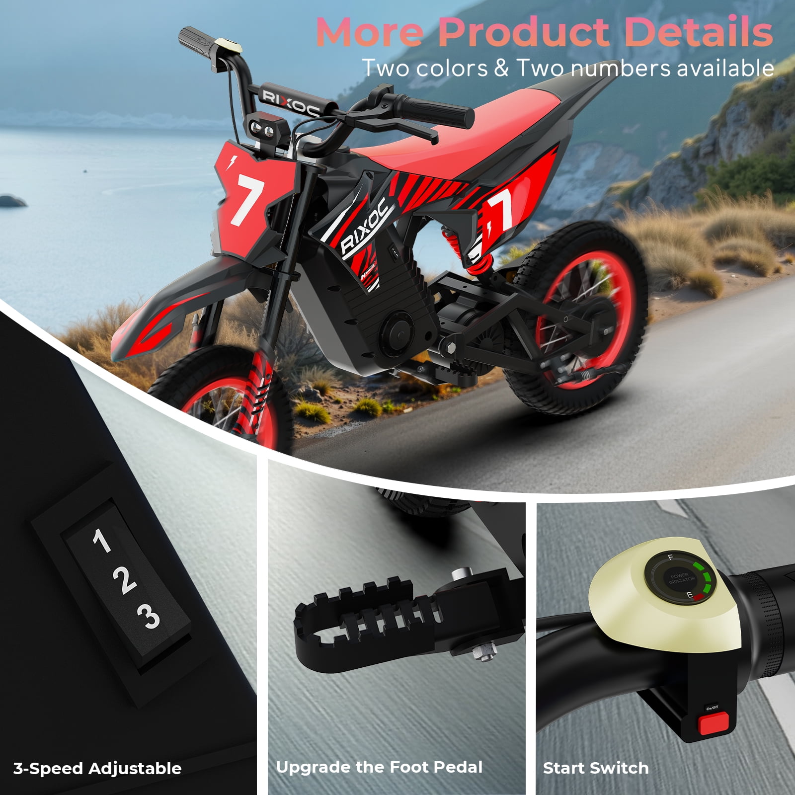 RIXOC DK-12 Electric Dirt Bike,3 Speed Modes up to 15.5 mph, 36V 5.2Ah Peak 700W Max 14Miles Electric Motorcycle for Kids Ages 3-10 UL2272