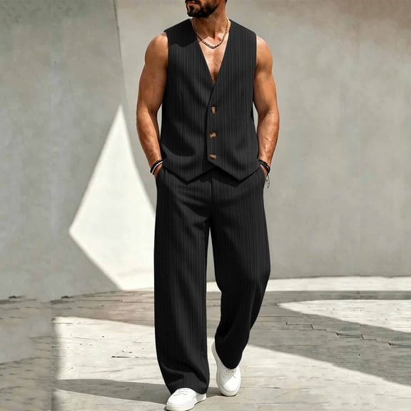 Kalauyu Mens Two Piece Sets Vertical Pinstripe Sleeveless Vest and Wide Leg Pants Loose Casual Beach Vacation Outfit Sets